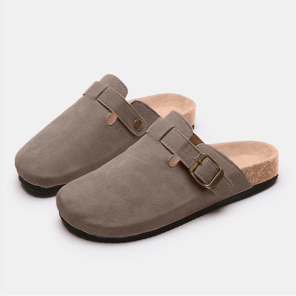 Charcoal Colored Suede Closed Toe Buckle Slide - Picture 3 of 5